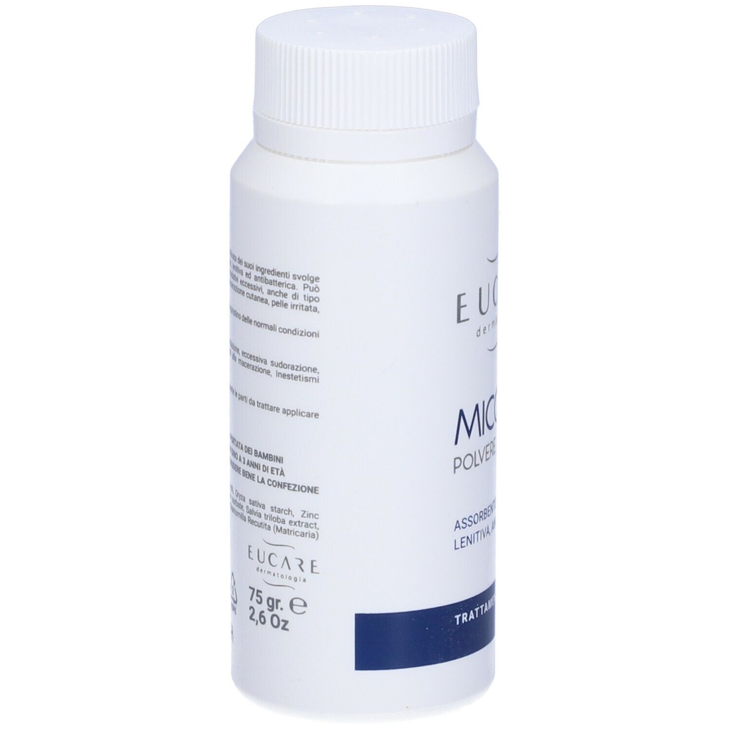 Flacone bianco con tappo a vite. Scritta: EUCARE, MICODET Polvere. Testo sul retro.