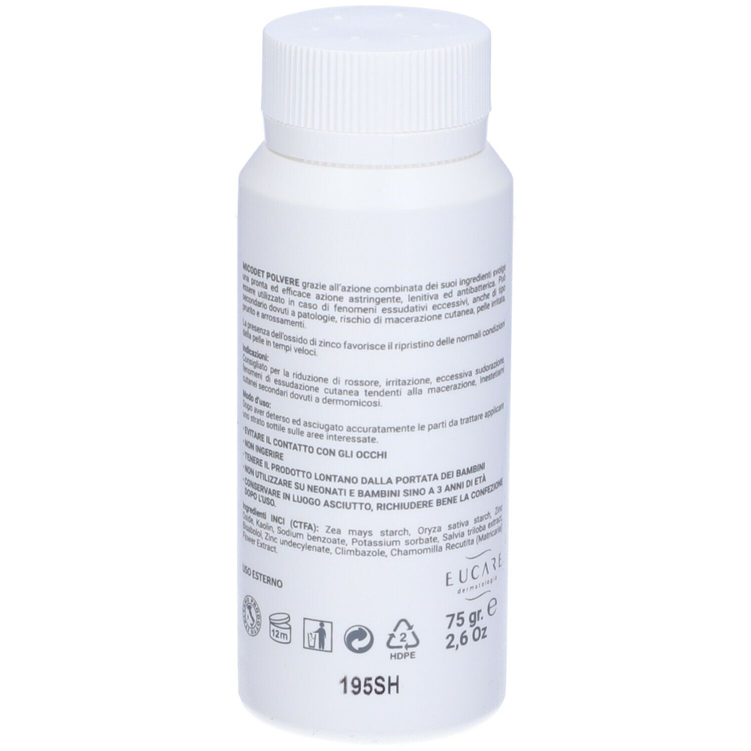 Flacone bianco con tappo a vite. Scritta: EUCARE, MICODET Polvere. Testo e simboli sul retro.