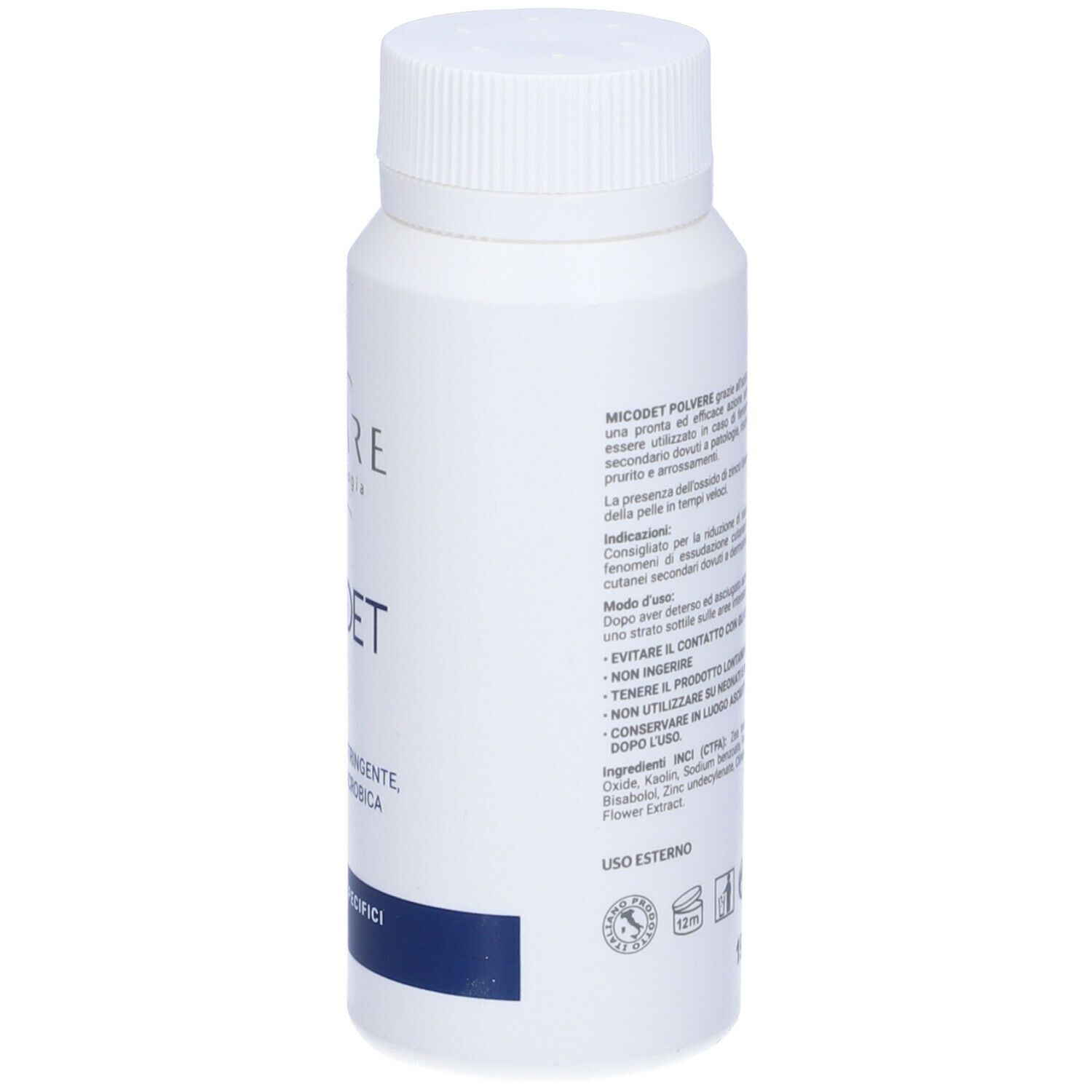 Flacone bianco con tappo a vite. Scritta: EUCARE, MICODET Polvere. Testo sul retro.