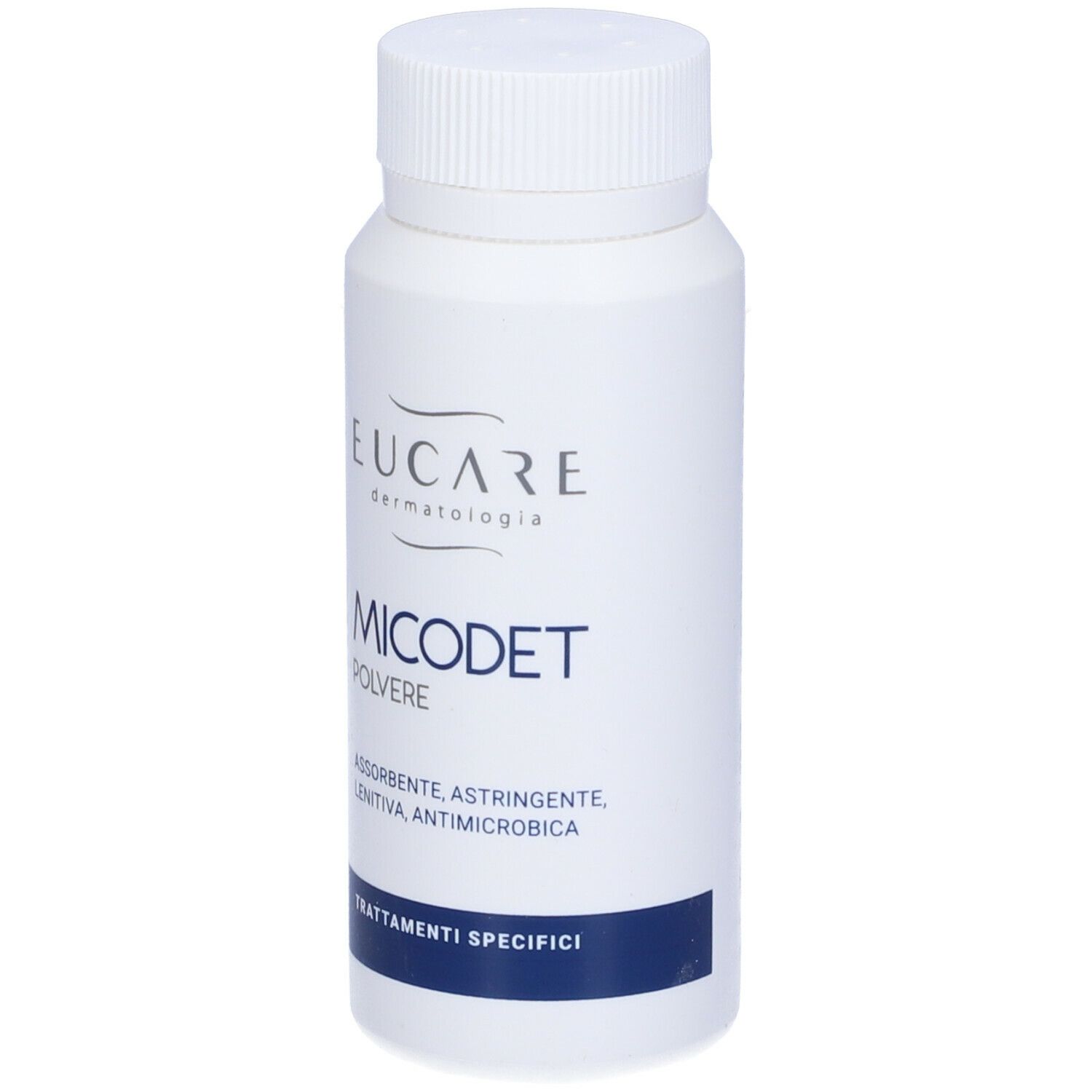 Flacone bianco con tappo a vite. Scritta: EUCARE, MICODET Polvere. Striscia blu con testo.