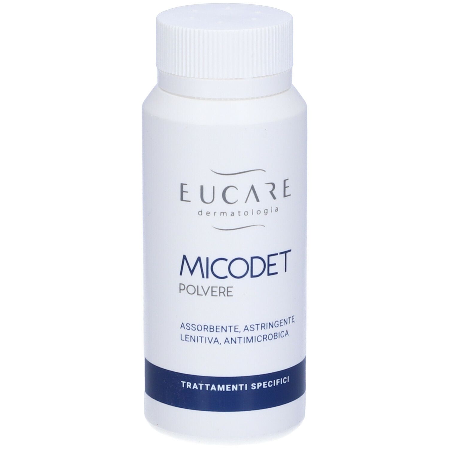 Flacone bianco con tappo a vite. Scritta: EUCARE, MICODET Polvere. Striscia blu con testo.