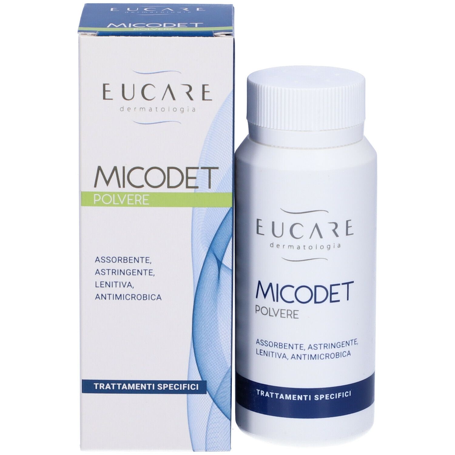 Prodotto e confezione. Flacone bianco e scatola. Scritta: EUCARE, MICODET Polvere.
