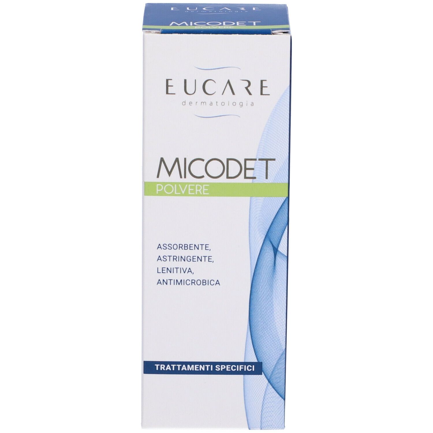 Scatola. Scritta: EUCARE, MICODET Polvere. Elementi blu e verdi.