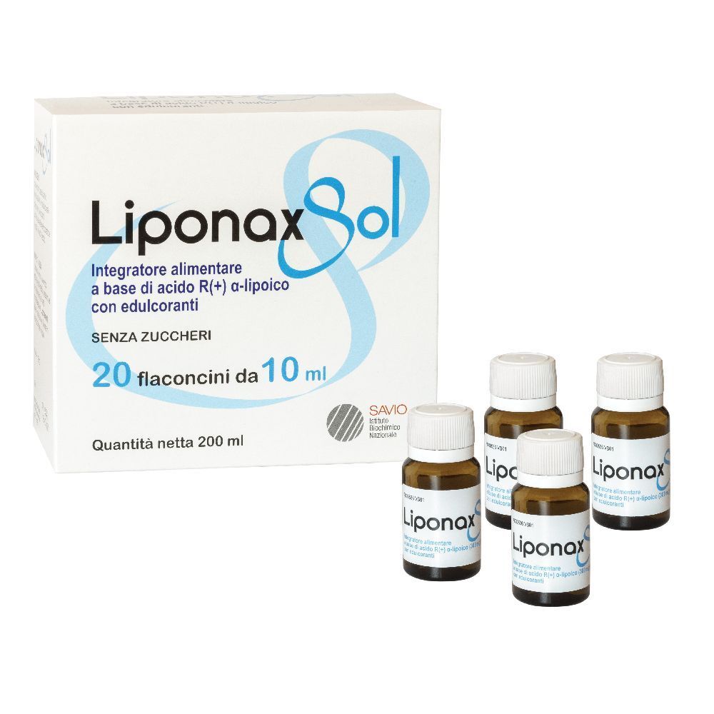 Confezione e flaconi. Scritta: Liponax Sol. 20 flaconcini da 10 ml. Flaconi con tappi bianchi.