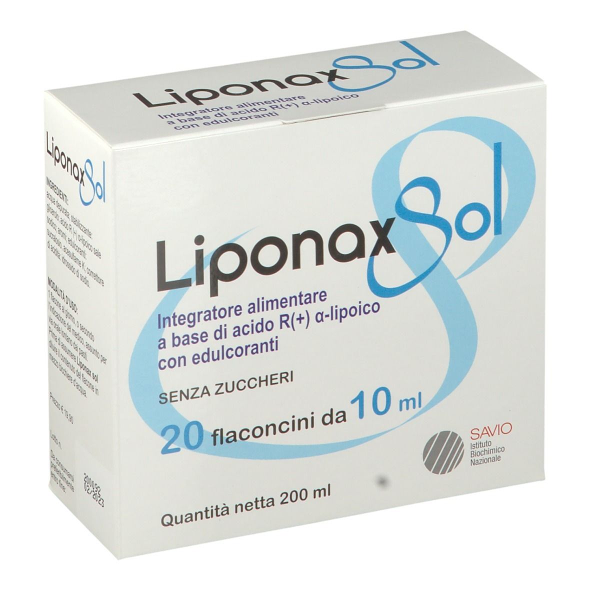 Scatola bianca con scritta Liponax Sol. Contiene 20 flaconcini da 10 ml. Senza zuccheri. Peso netto 200 ml.