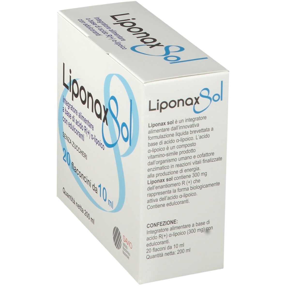 Scatola con scritta Liponax Sol. Contiene 20 flaconcini da 10 ml. Senza zuccheri. Peso netto 200 ml.
