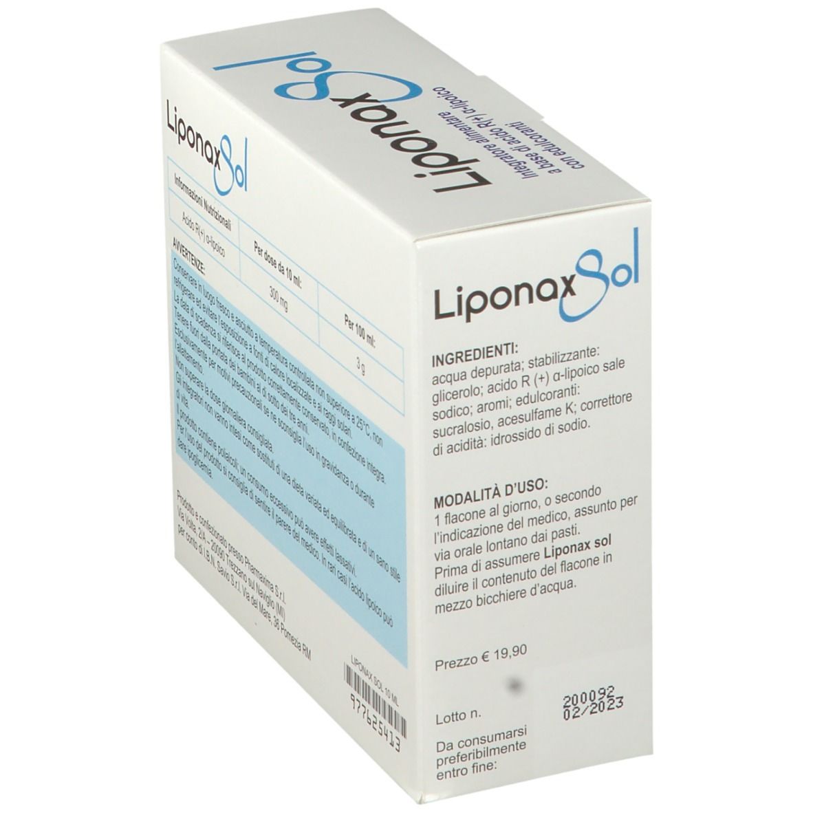Scatola con scritta Liponax Sol. Contiene ingredienti e istruzioni per l'uso. Contiene 20 flaconcini da 10 ml.