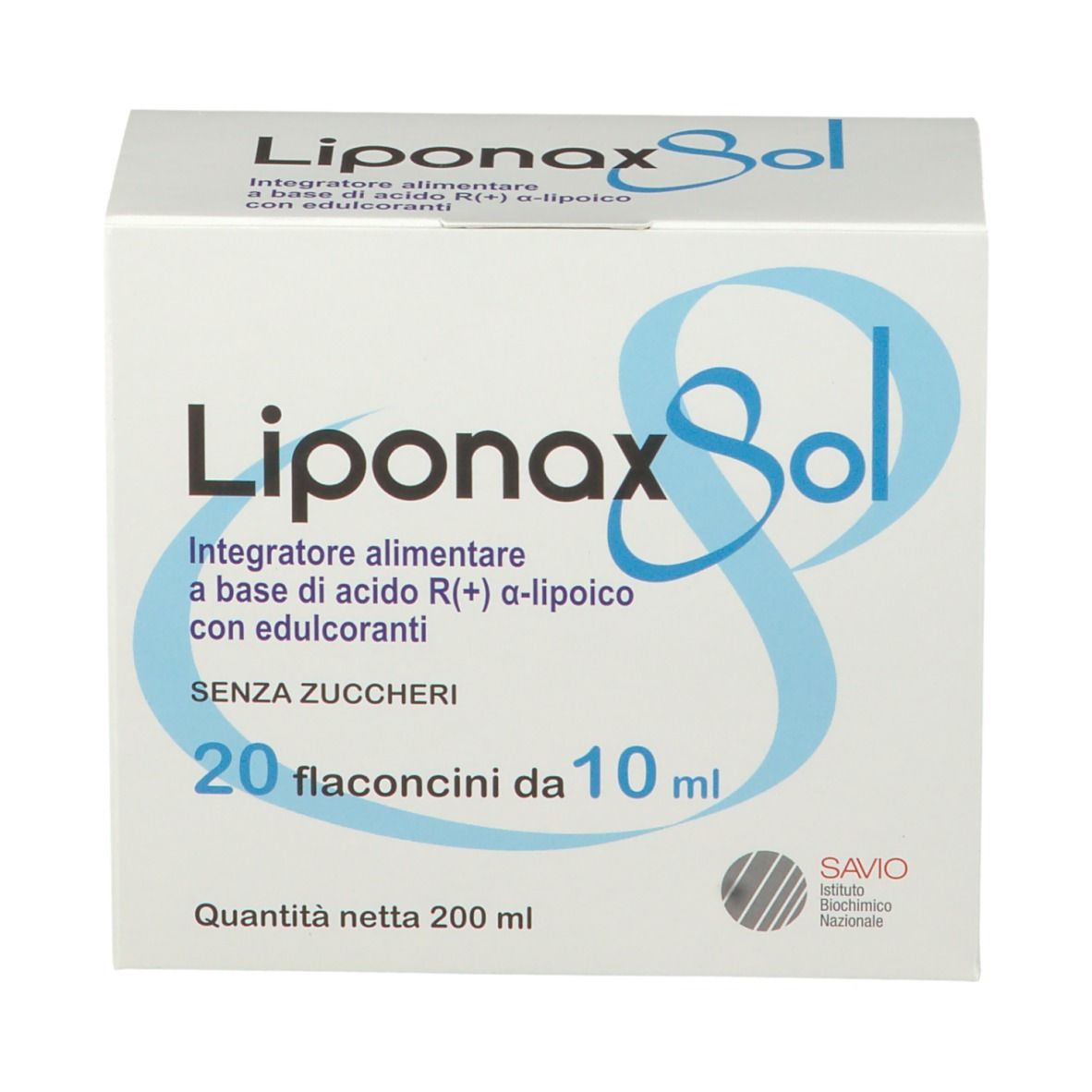 Scatola bianca con scritta Liponax Sol. Contiene 20 flaconcini da 10 ml. Senza zuccheri. Peso netto 200 ml.