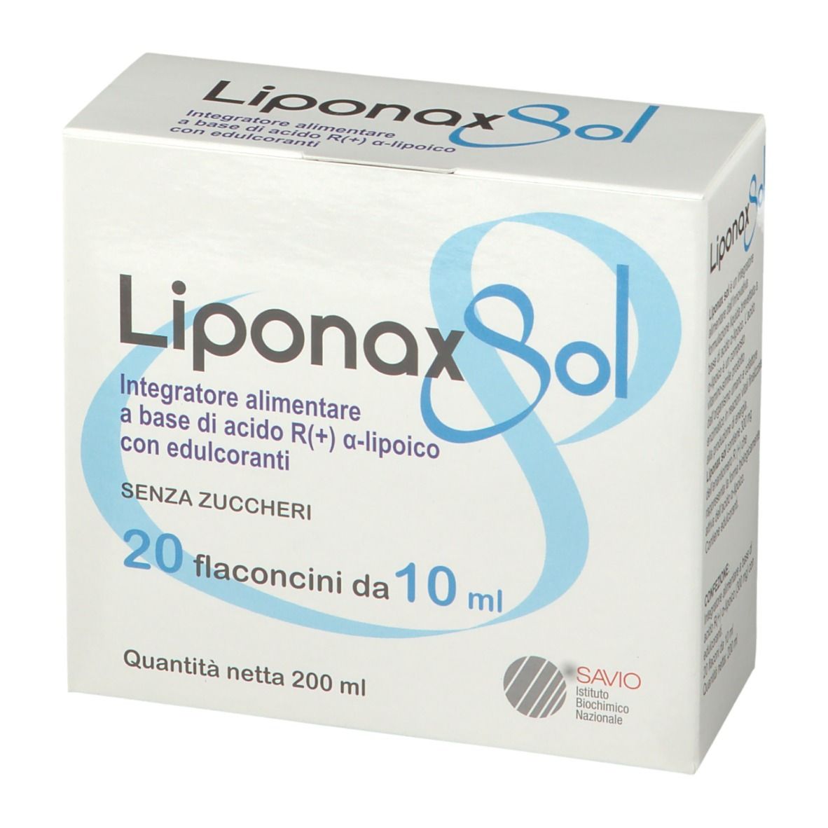 Scatola bianca con scritta Liponax Sol. Contiene 20 flaconcini da 10 ml. Senza zuccheri. Peso netto 200 ml.