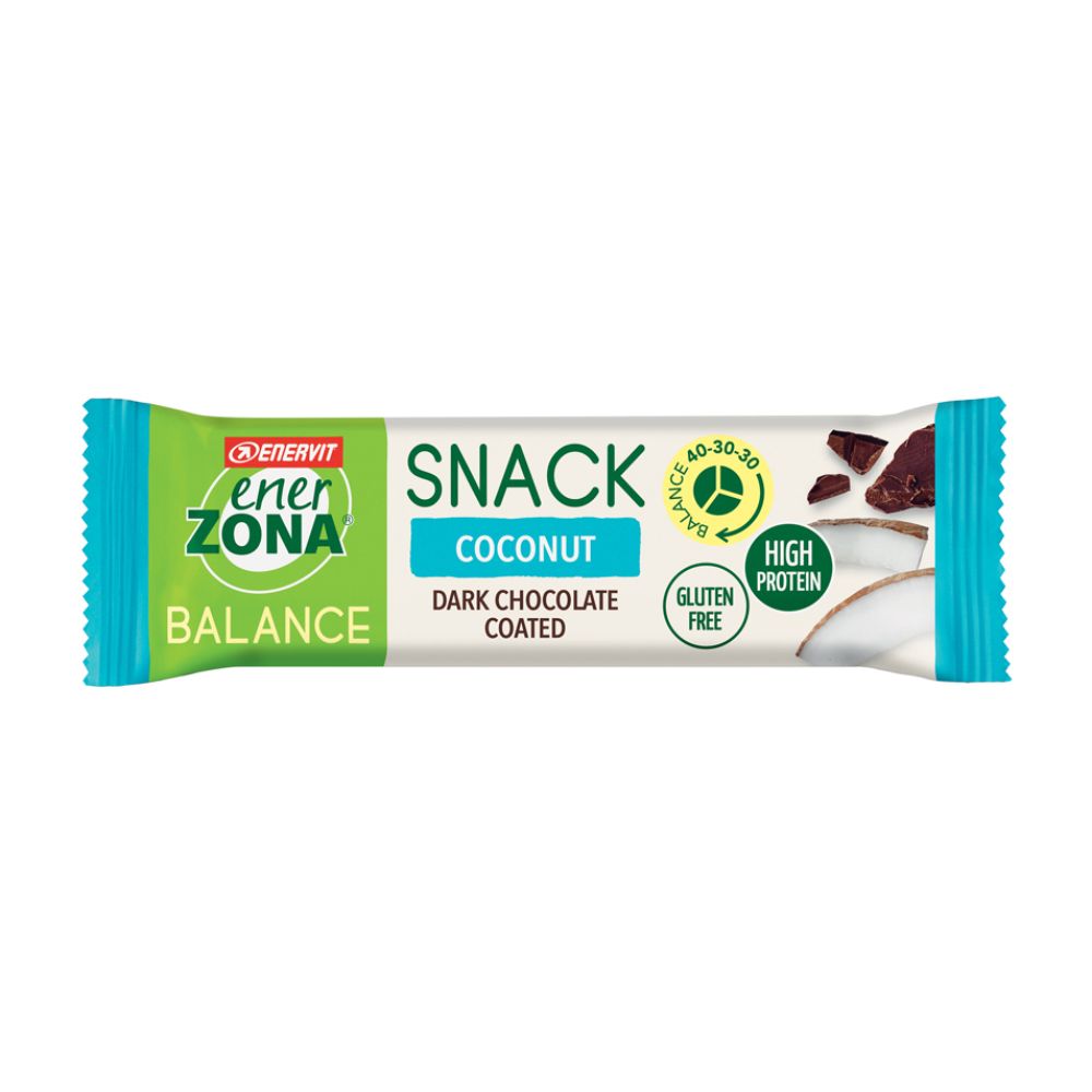 Riegelverpackung mit ENERVIT® EnerZona Snack Balance Kokosnuss. Grün-weiß-blaues Design, Aufschrift 'SNACK COCONUT'.
