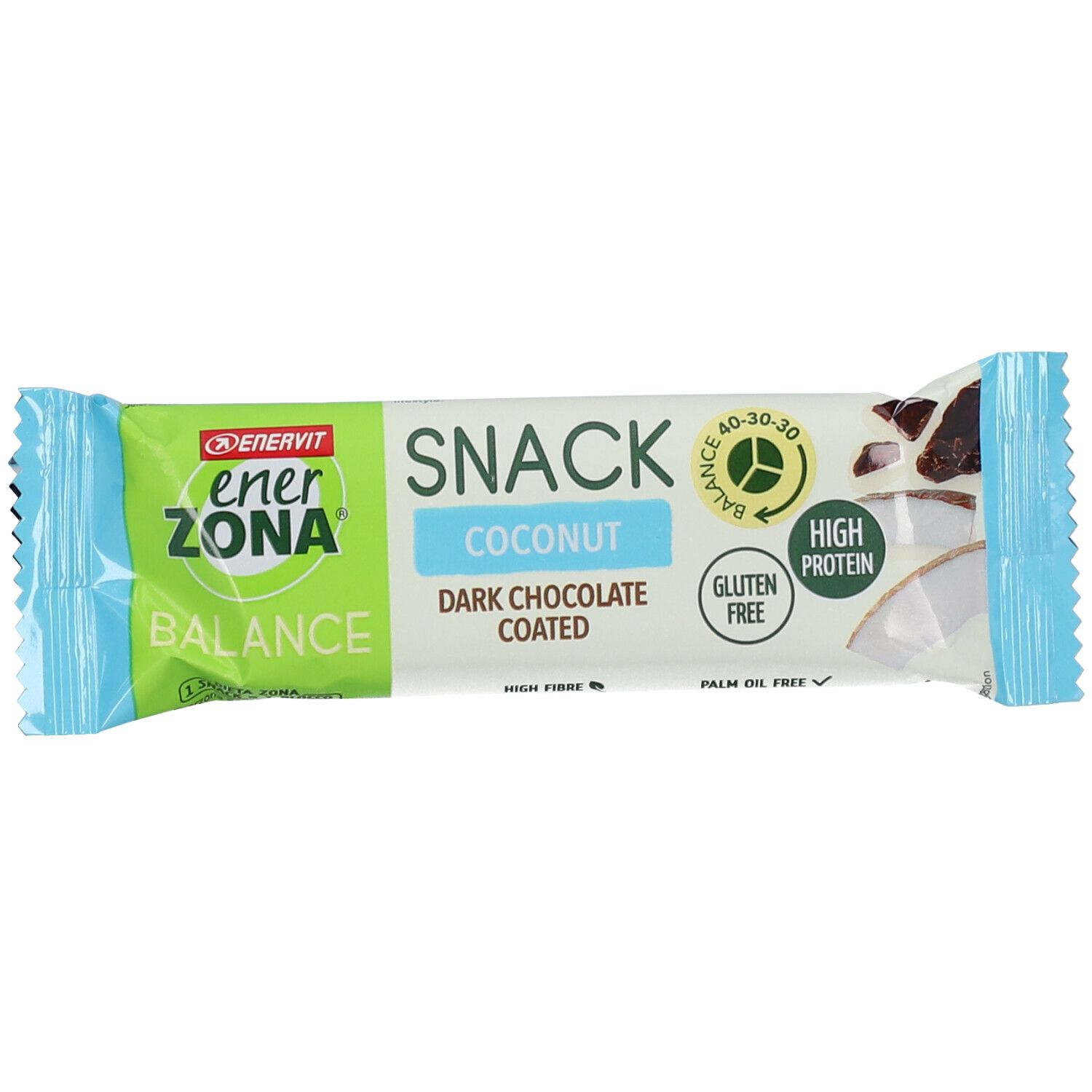 Verpackung der ENERVIT® EnerZona Snack Balance Kokosnuss. Grün, weiß und blau. 'SNACK COCONUT' und 'Gluten Free' sind sichtbar.
