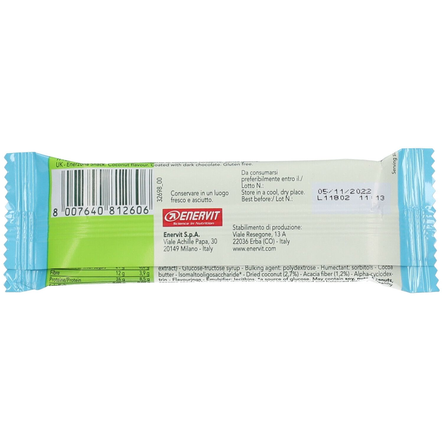 Rückseite der ENERVIT® EnerZona Snack Balance Kokosnuss-Verpackung. Enthält Text, Barcode und Herstellerinformationen.