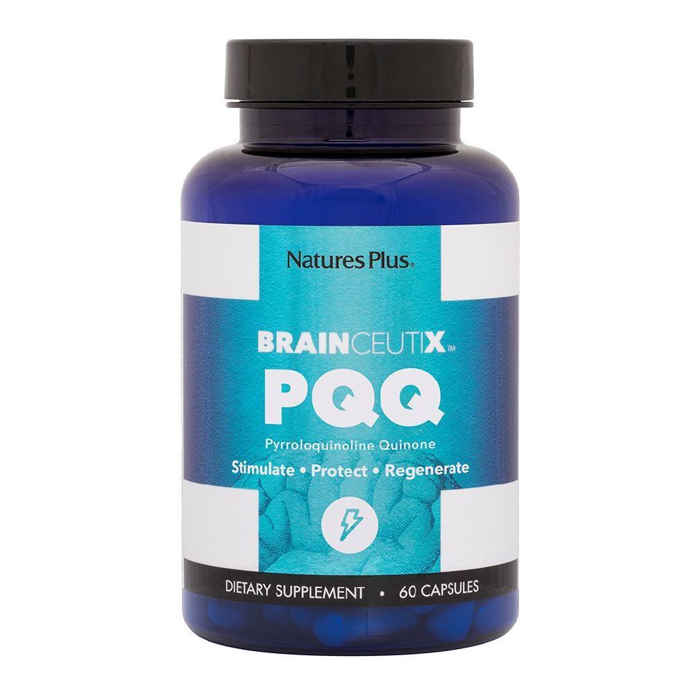Flacone blu con tappo nero. Scritta: BRAINCEUTIX PQQ, integratore alimentare, 60 capsule. Marchio: Natures Plus.