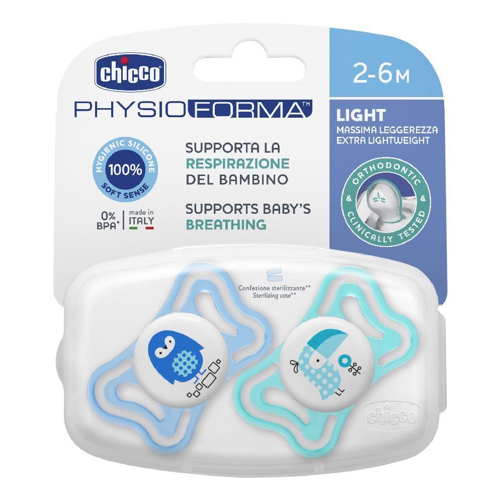 Due succhietti Chicco PhysioForma 2-6 mesi, in silicone. Confezione bianca. Leggeri, ortodontici, favoriscono la respirazione.