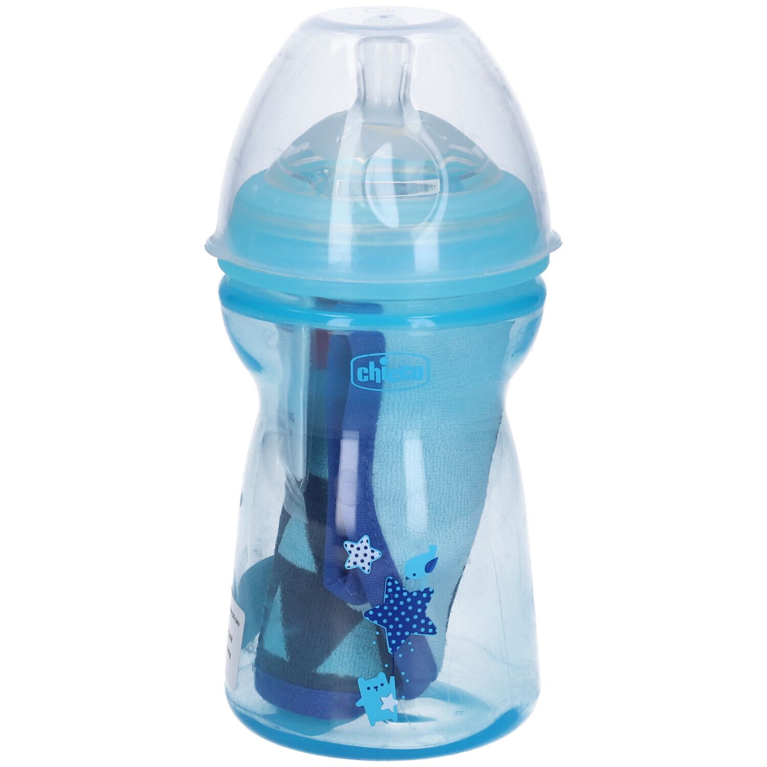 Biberon blu trasparente con accessori blu. Il corpo del biberon ha un'etichetta blu. Il coperchio è trasparente.