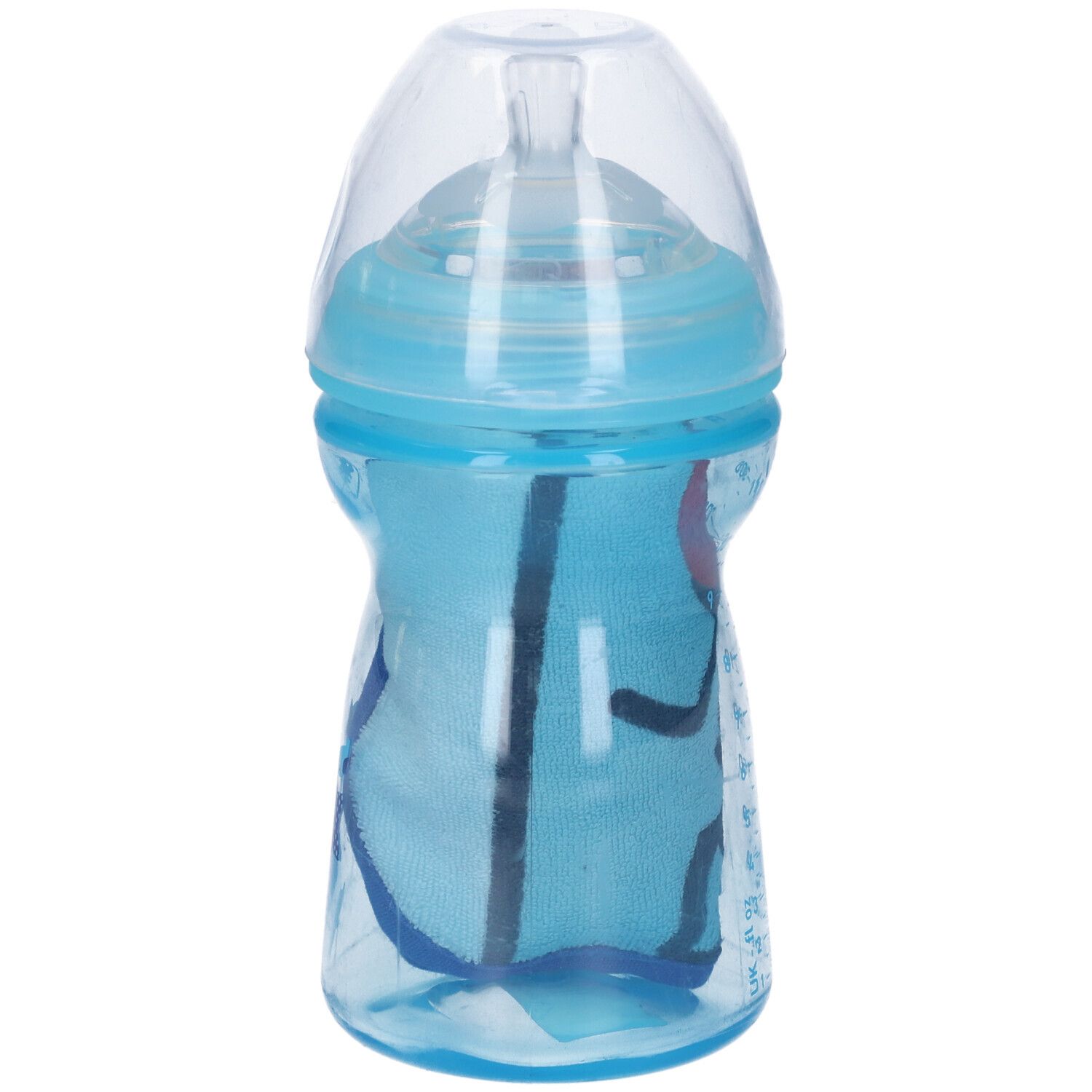 Biberon con accessori blu. Il corpo del biberon ha un'etichetta blu. Il coperchio è trasparente.