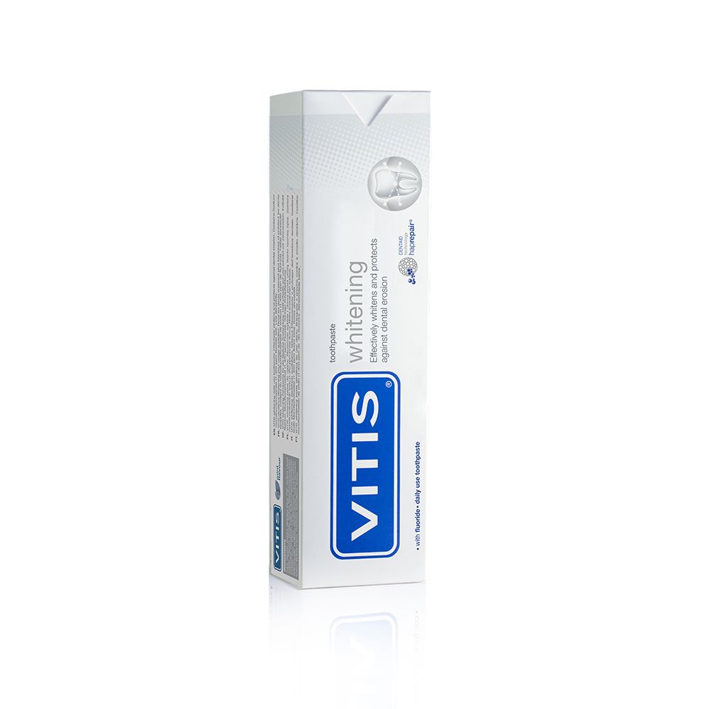 Tubo di dentifricio in confezione bianca. Scritta blu: VITIS, whitening. Sbianca e protegge dall'erosione dentale.