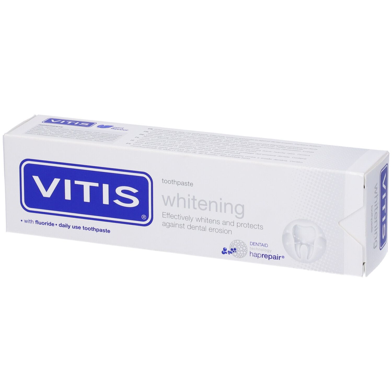 Confezione bianca con scritta blu VITIS, whitening. Sbianca e protegge dall'erosione dentale. Con fluoro.