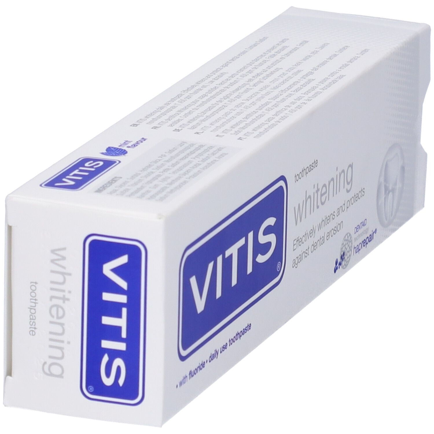 Confezione bianca con scritta blu VITIS, whitening. Sbianca e protegge dall'erosione dentale. Con fluoro.