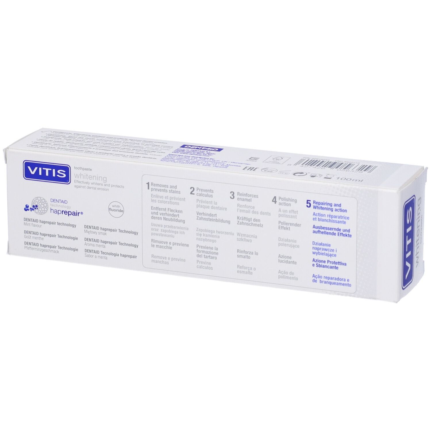 Confezione bianca con scritta blu VITIS, whitening. Sbianca e protegge dall'erosione dentale. Con fluoro.