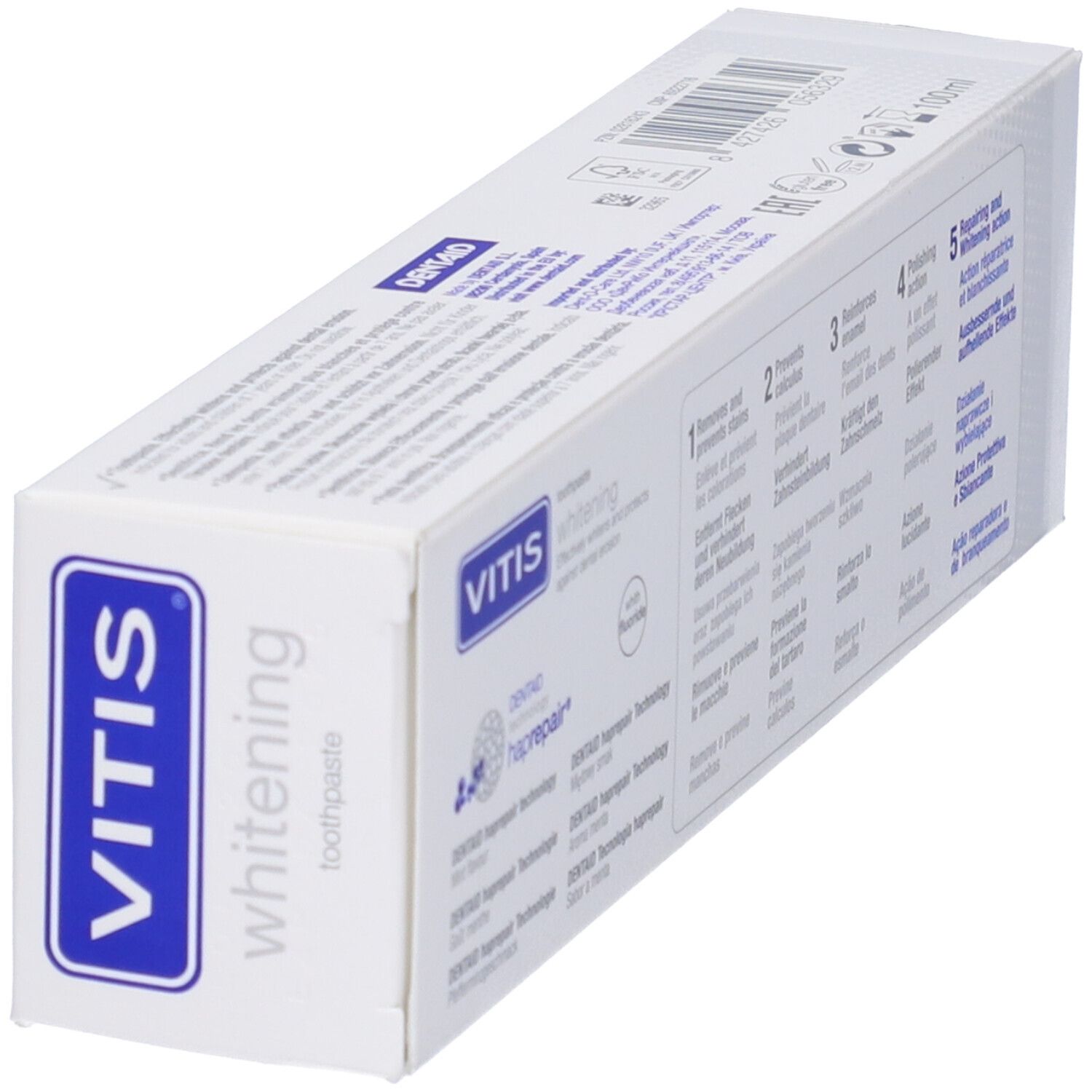Confezione bianca con scritta blu VITIS, whitening. Sbianca e protegge dall'erosione dentale. Con fluoro.
