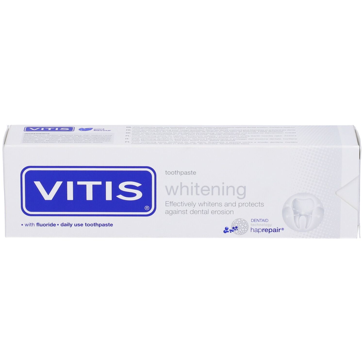 Confezione bianca con scritta blu VITIS, whitening. Sbianca e protegge dall'erosione dentale. Con fluoro.