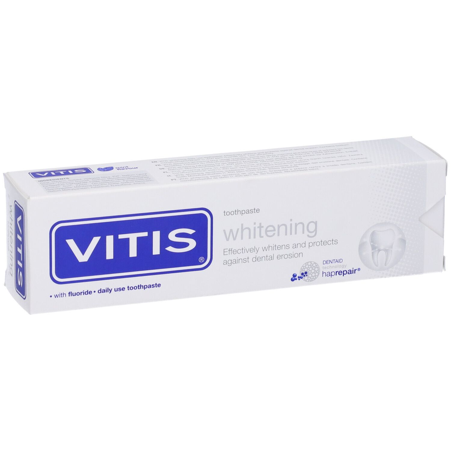 Confezione bianca con scritta blu VITIS, whitening. Sbianca e protegge dall'erosione dentale. Con fluoro.