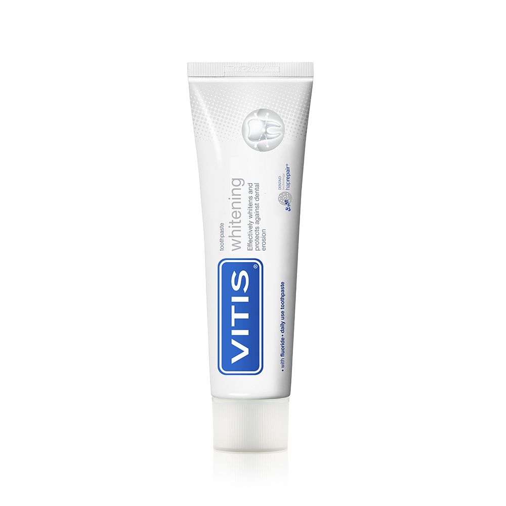 Tubo di dentifricio bianco con scritta blu VITIS, whitening. Sbianca e protegge dall'erosione dentale.