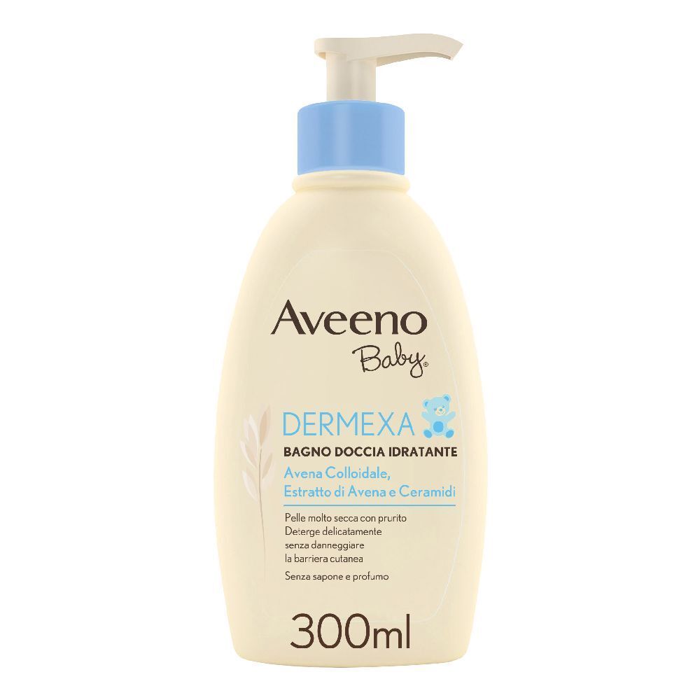 Flacone beige con erogatore blu. Scritta Aveeno Baby, Dermexa, 300ml. Contiene avena e ceramidi.