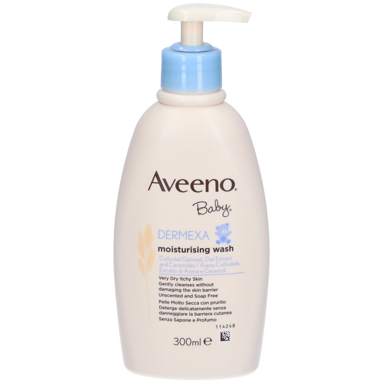 Flacone beige con erogatore blu. Scritta Aveeno Baby, Dermexa, 300ml. Contiene avena e ceramidi.