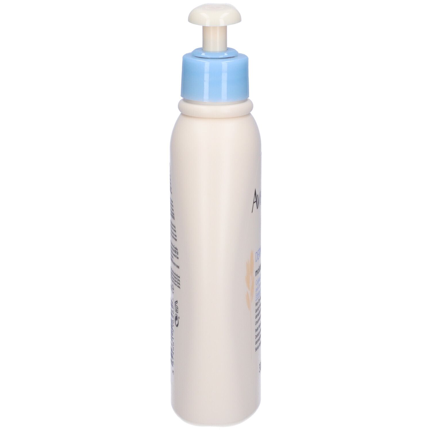 Flacone beige con erogatore blu. Scritta Aveeno Baby, Dermexa, 300ml. Contiene avena e ceramidi.
