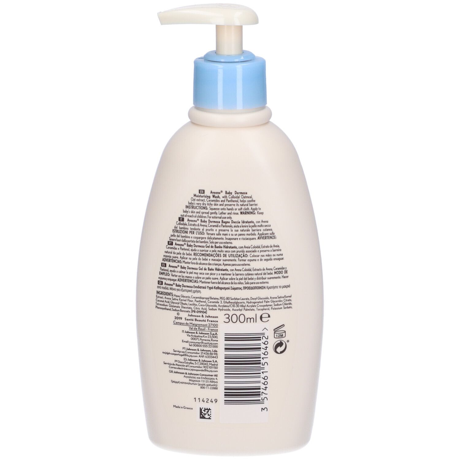 Flacone beige con erogatore blu. Scritta Aveeno Baby, Dermexa, 300ml. Contiene avena e ceramidi.