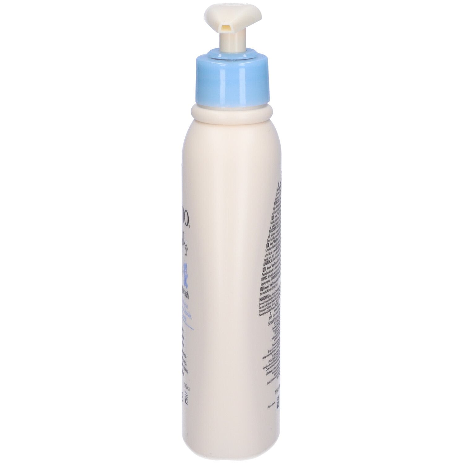 Flacone beige con erogatore blu. Scritta Aveeno Baby, Dermexa, 300ml. Contiene avena e ceramidi.