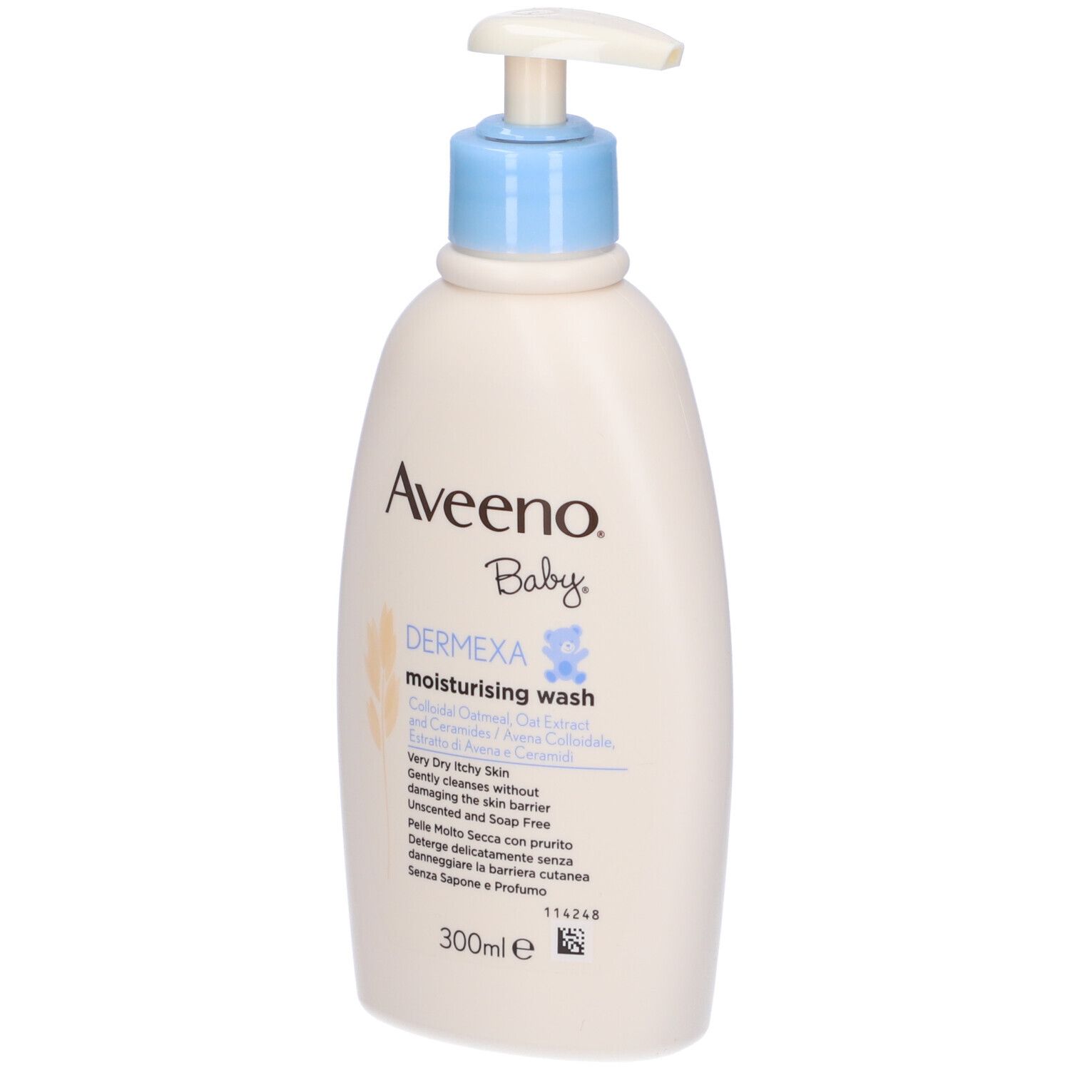Flacone beige con erogatore blu. Scritta Aveeno Baby, Dermexa, 300ml. Contiene avena e ceramidi.