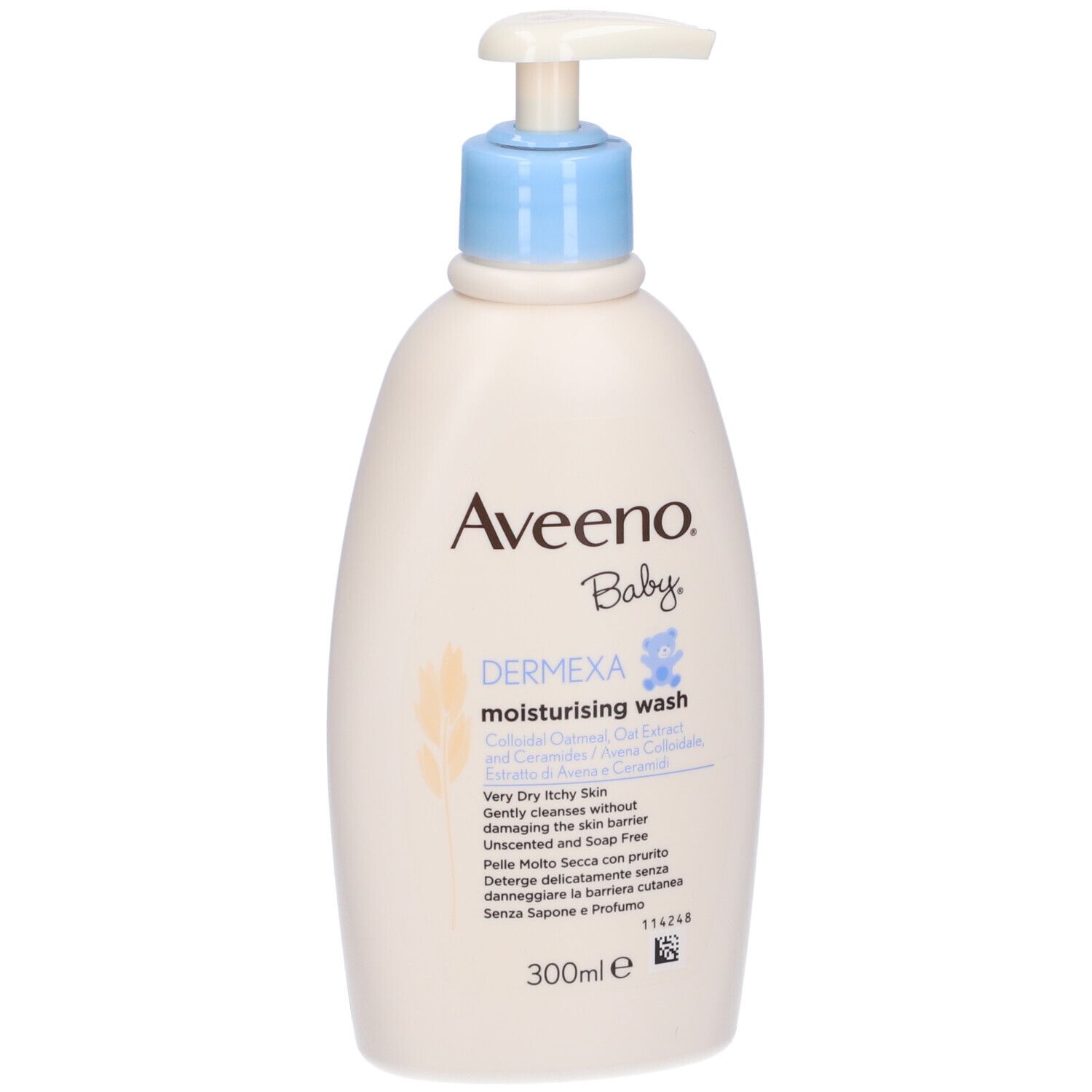 Flacone beige con erogatore blu. Scritta Aveeno Baby, Dermexa, 300ml. Contiene avena e ceramidi.