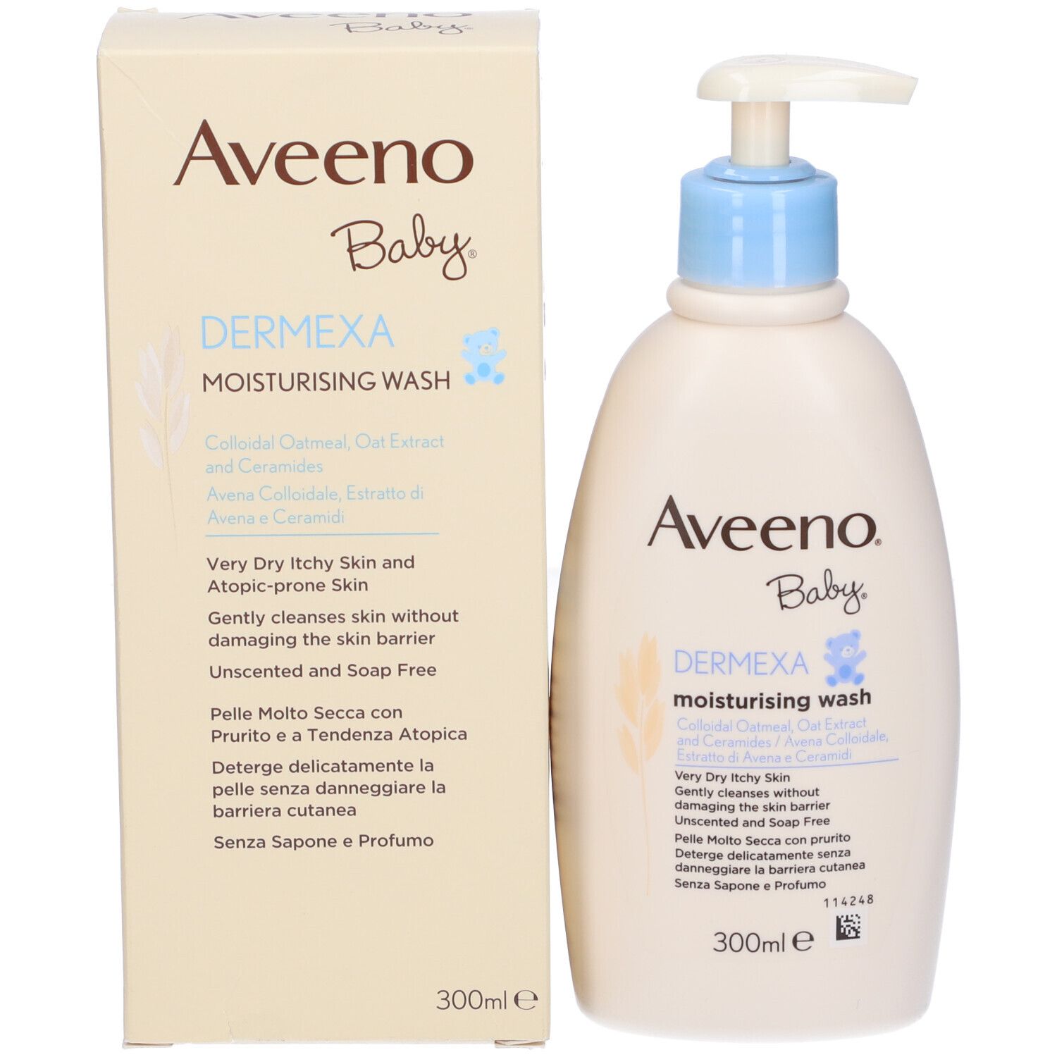 Flacone e scatola beige. Scritta Aveeno Baby, Dermexa, 300ml. Contiene avena e ceramidi. Scatola accanto.