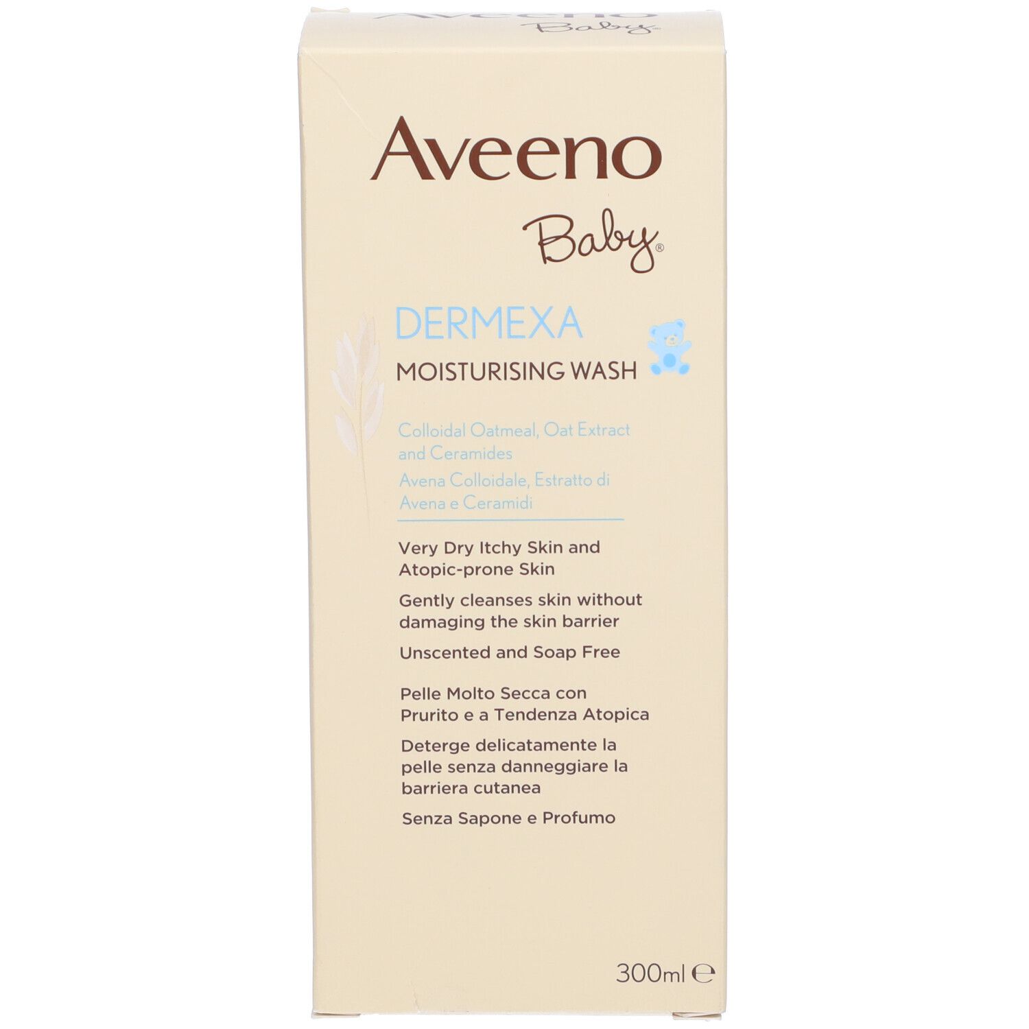 Scatola con scritta Aveeno Baby, Dermexa, 300ml. Contiene avena e ceramidi. Beige e blu.