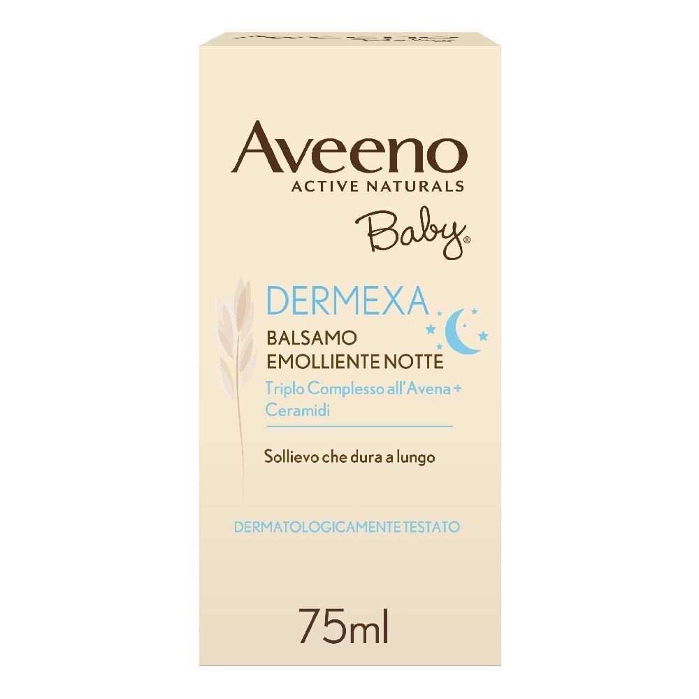 Confezione con logo e nome del prodotto. Testo: Dermexa Balsamo Emolliente Notte. Dermatologicamente testato. Volume: 75ml.