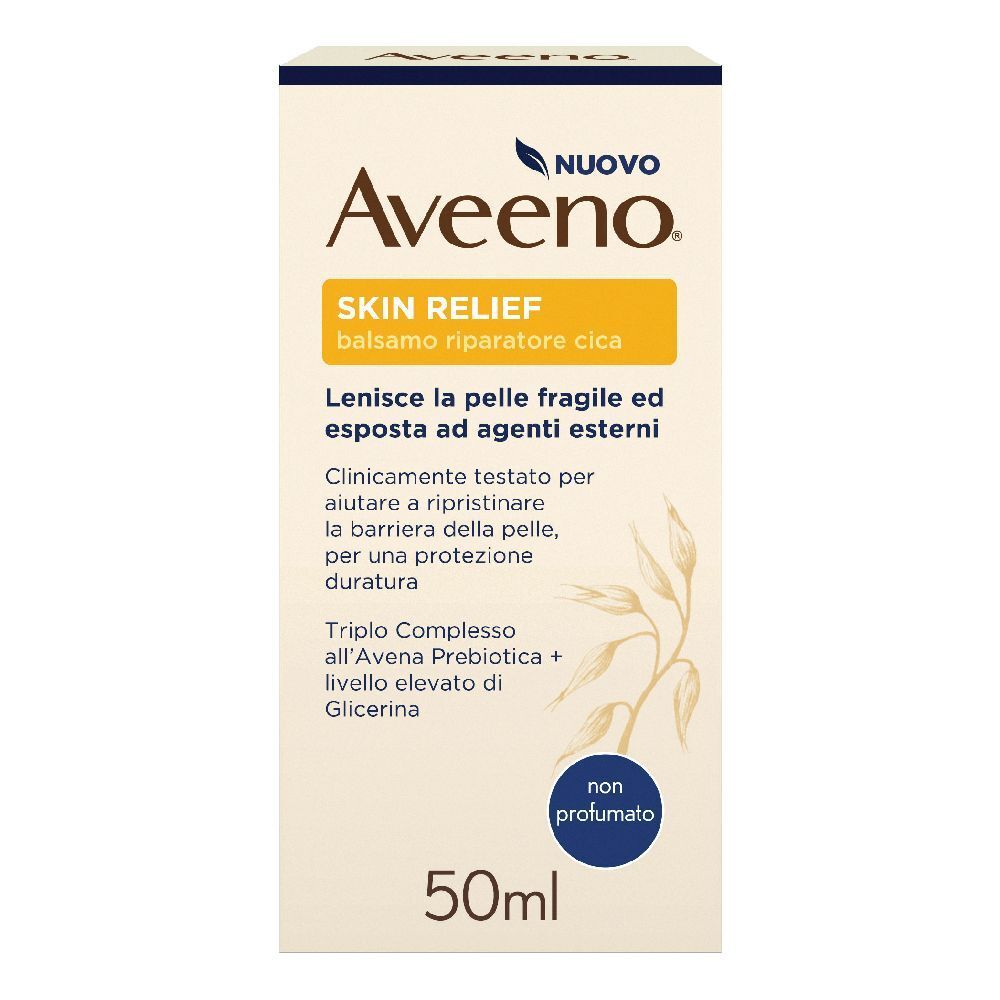 Confezione Aveeno Skin Relief Cica Balm. Informazioni prodotto, 50ml. Testo in italiano.
