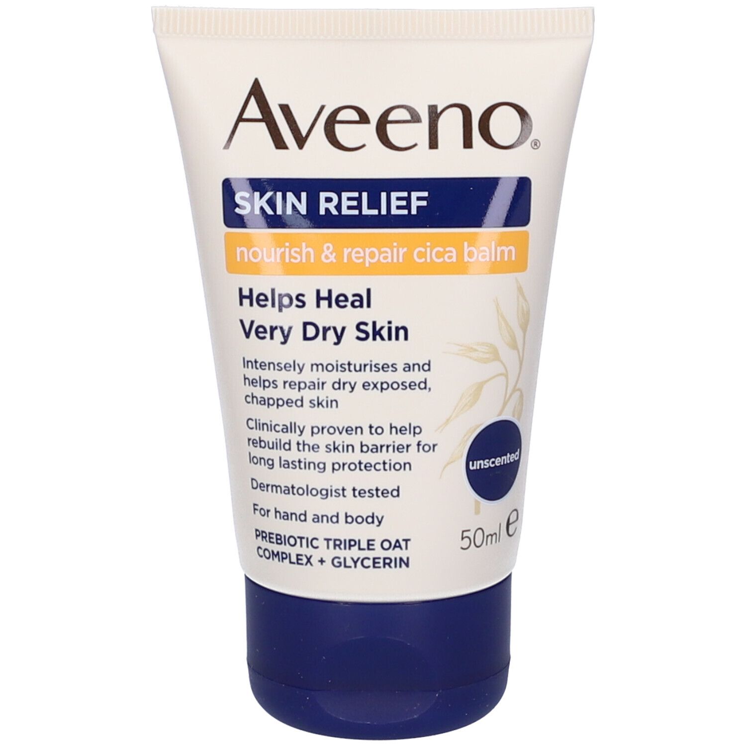 Tubo Aveeno Skin Relief Cica Balm. Bianco e blu. Informazioni prodotto, 50ml. Senza profumo.