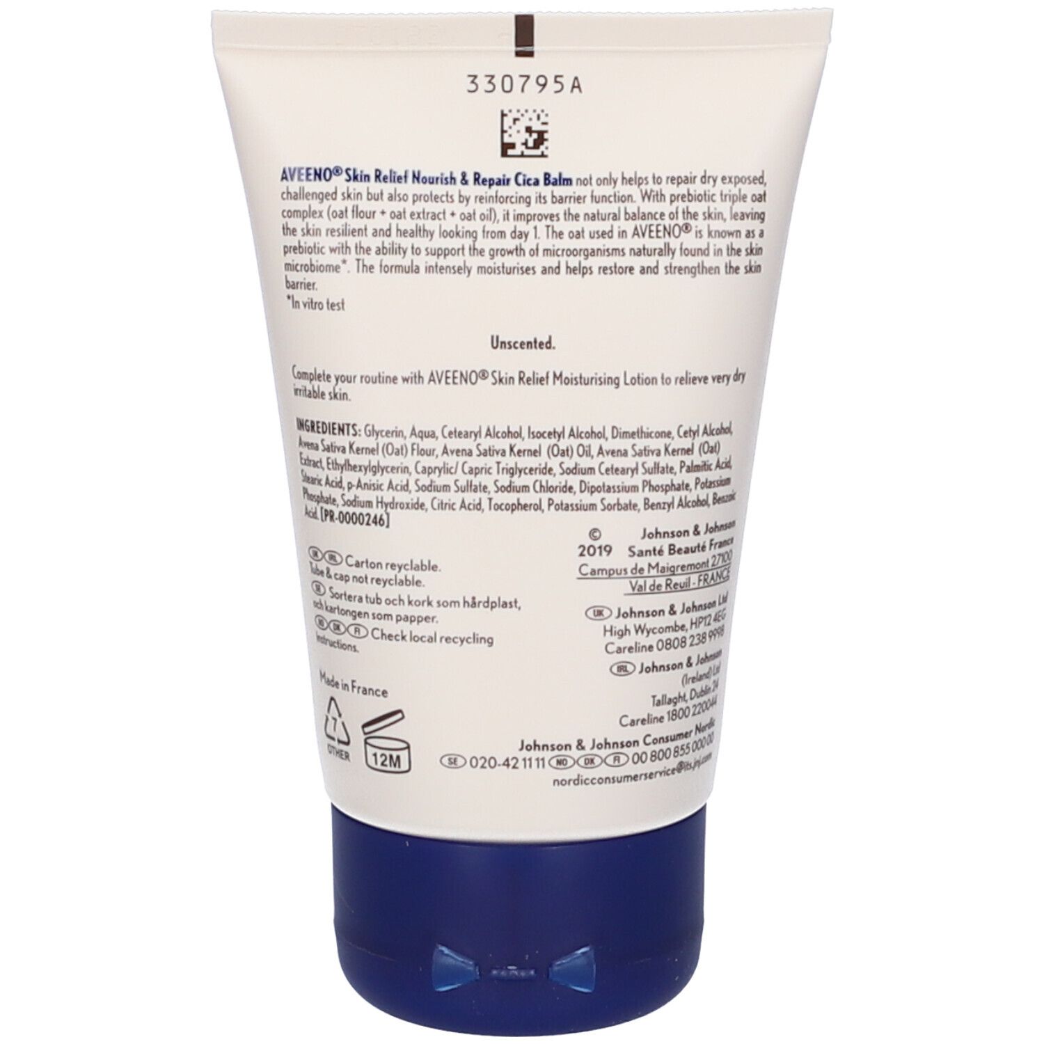 Retro del tubo Aveeno Skin Relief Cica Balm. Informazioni prodotto, ingredienti e produttore.