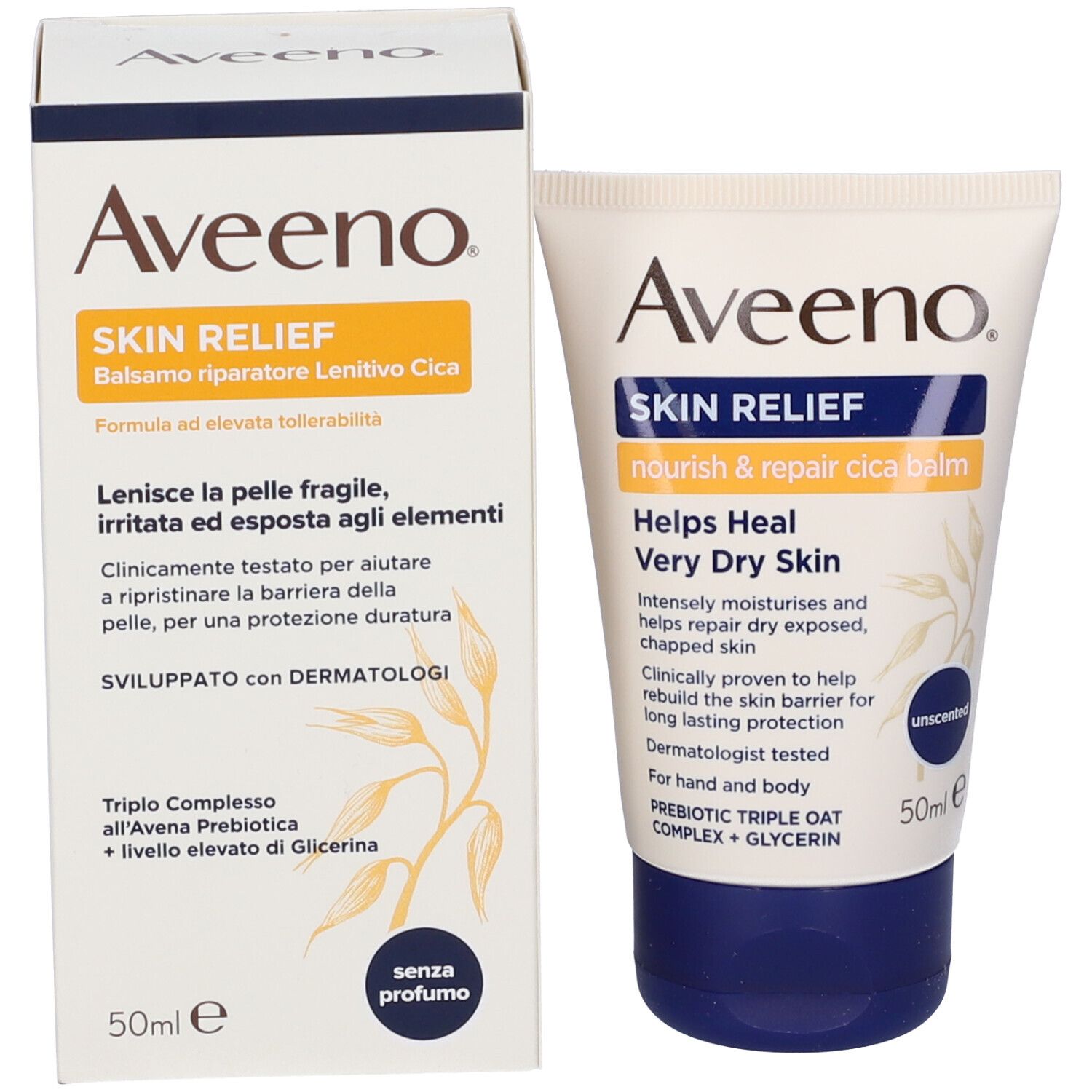 Tubo e confezione Aveeno Skin Relief Cica Balm. Informazioni prodotto, 50ml. Senza profumo.