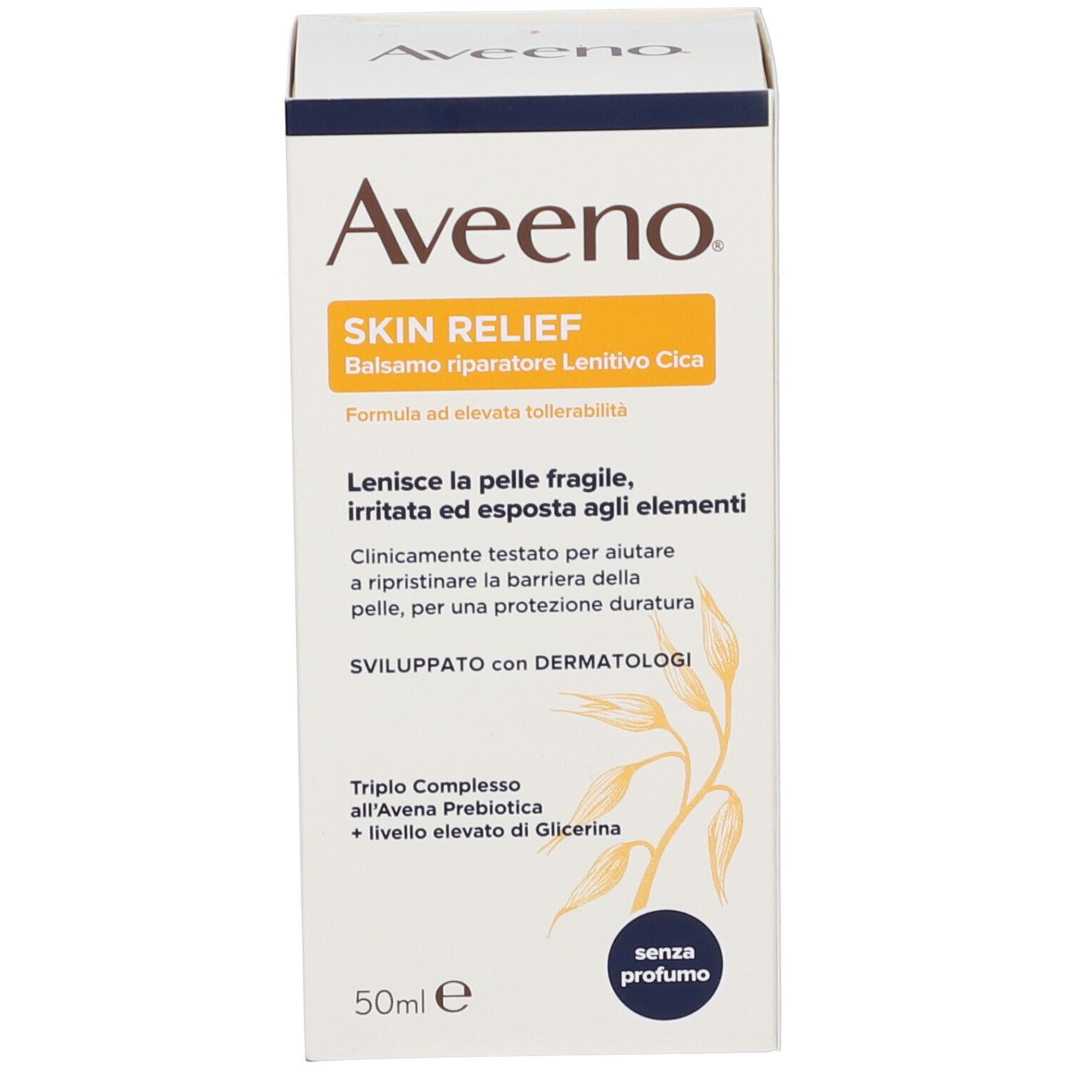 Confezione Aveeno Skin Relief Cica Balm. Informazioni prodotto, 50ml. Testo in italiano.