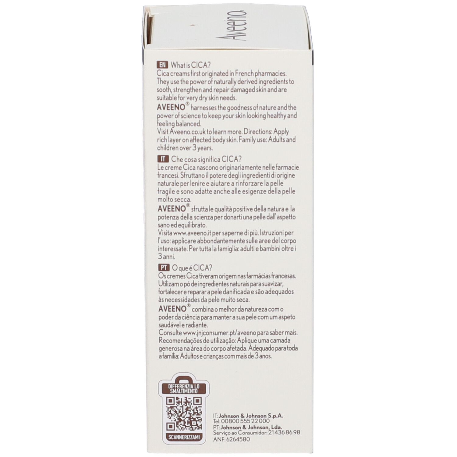 Retro della confezione Aveeno Skin Relief Cica Balm. Informazioni su Cica e utilizzo.