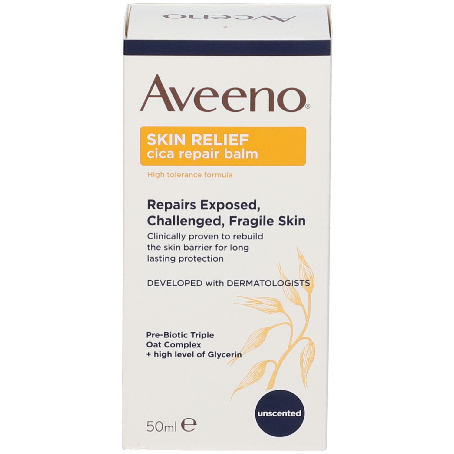Confezione Aveeno Skin Relief Cica Balm. Informazioni prodotto, 50ml. Senza profumo.