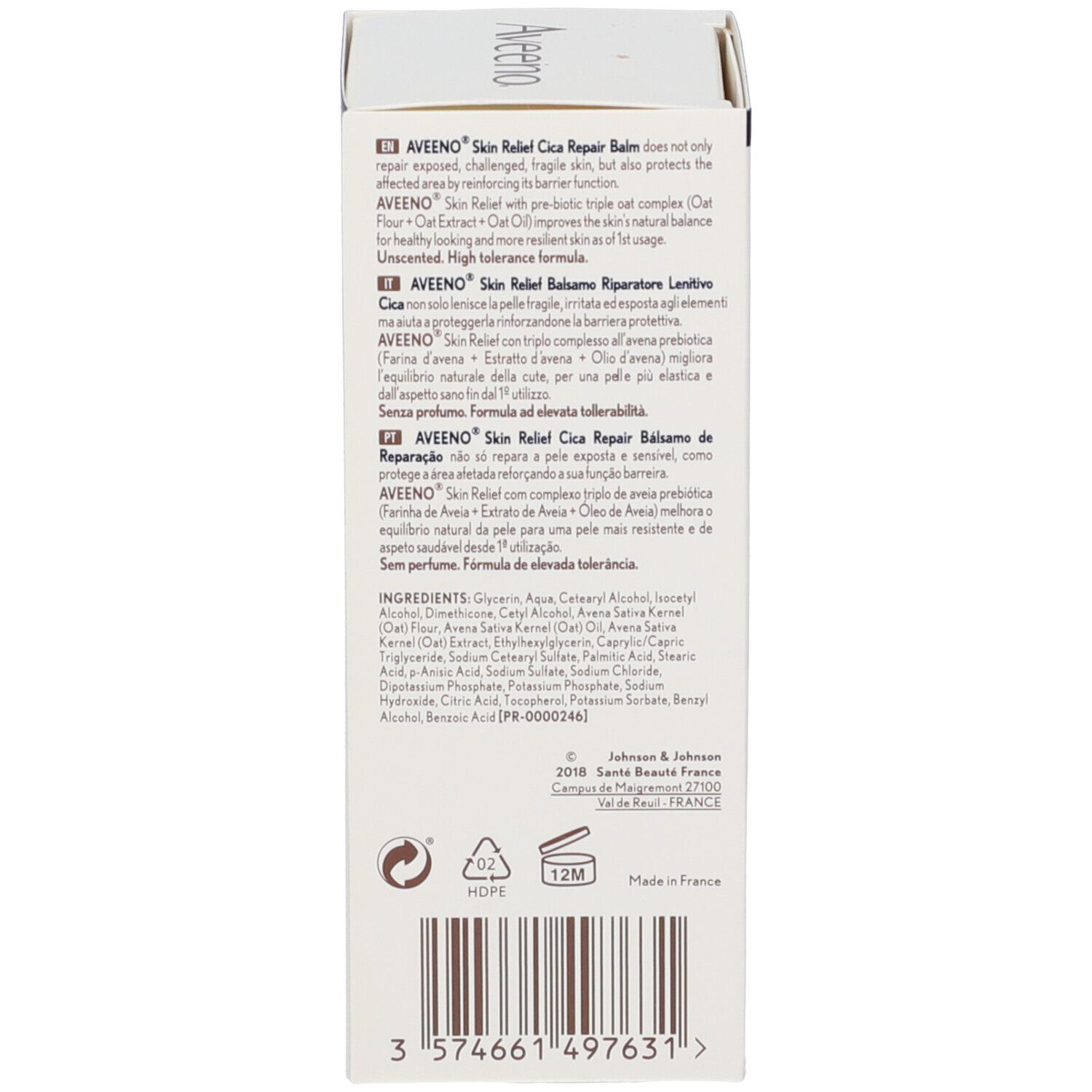 Retro della confezione Aveeno Skin Relief Cica Balm. Informazioni prodotto, ingredienti e produttore.