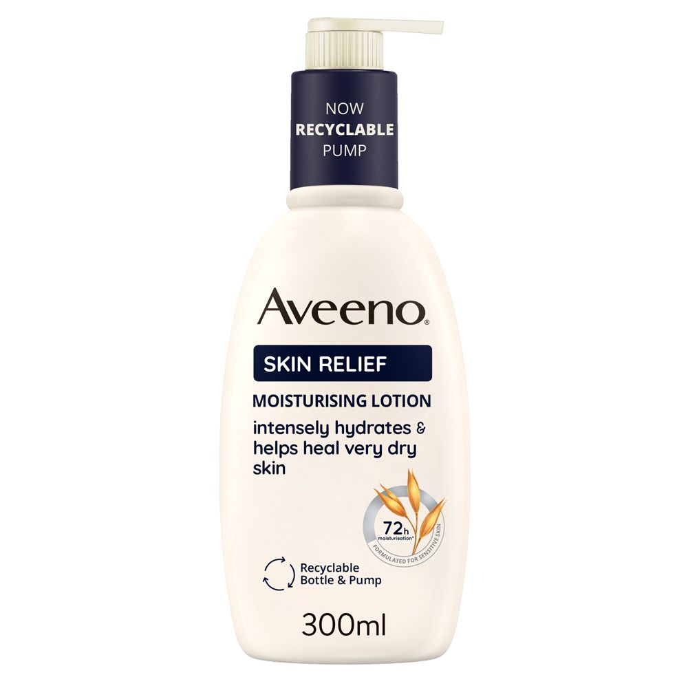 Aveeno Skin Relief Lotion, flacone bianco con dosatore a pompa. Testo: Skin Relief, Moisturising Lotion, 300ml. Flacone e pompa riciclabili.