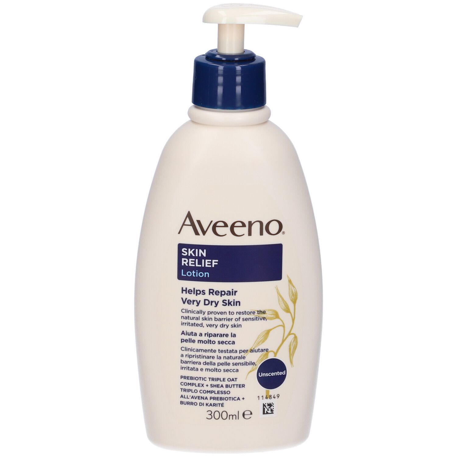 Aveeno Skin Relief Lotion, flacone bianco con dosatore a pompa. Testo: Helps Repair Very Dry Skin, Unscented, 300ml.