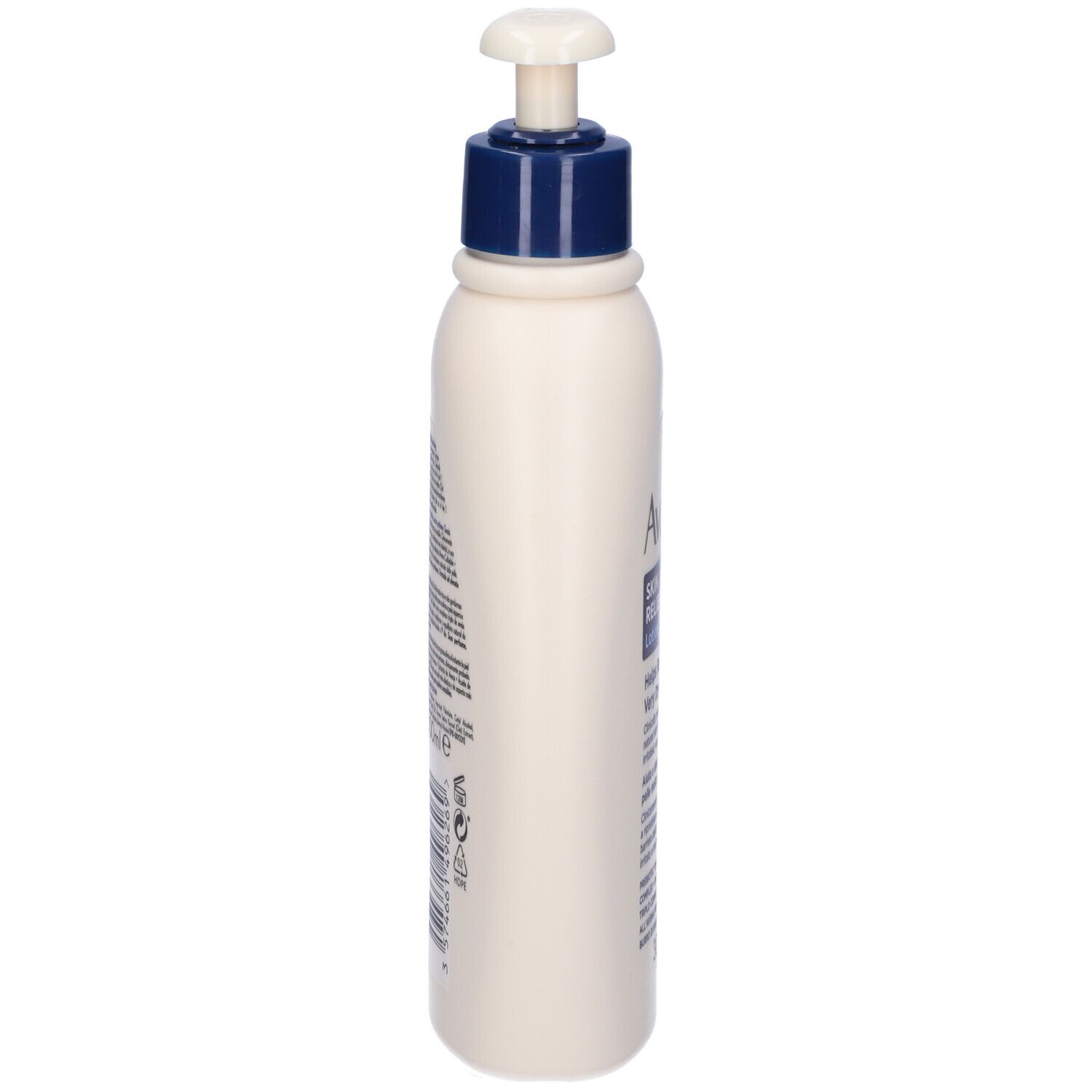 Vista laterale del flacone Aveeno Skin Relief Lotion con dosatore a pompa.