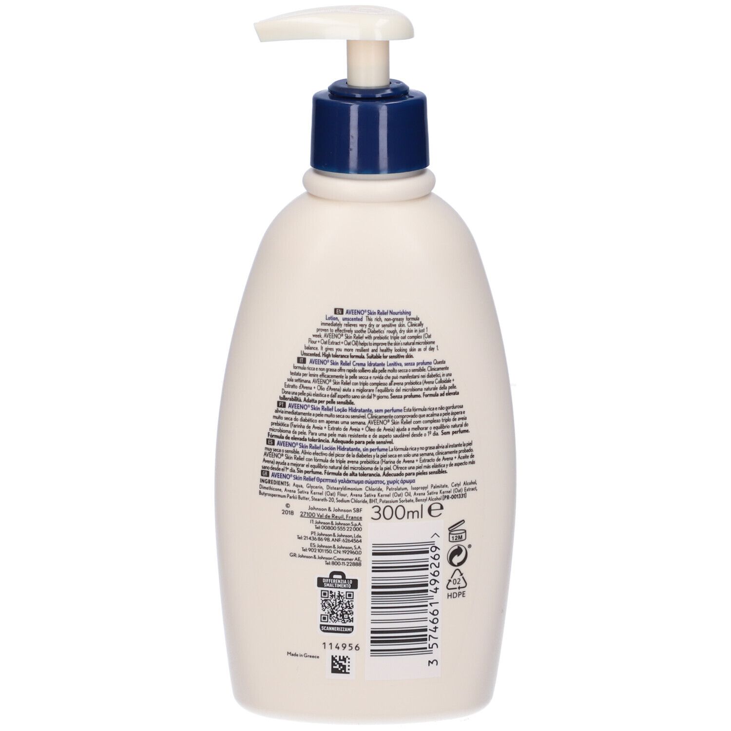 Retro del flacone Aveeno Skin Relief Lotion con testo e codice a barre.